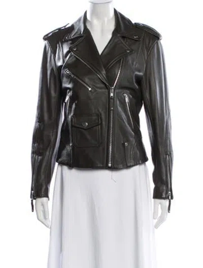 Pre-owned Theory Leather Biker Jacket In Green