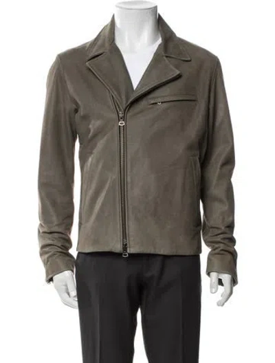 Pre-owned Theory Leather Moto Jacket In Green