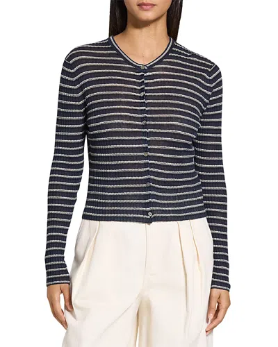 Theory Linen Blend Crewneck Cardigan Sweater In Nocturne Navy