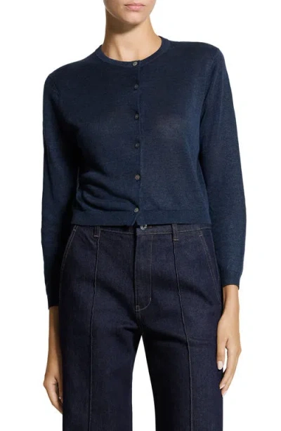 Theory Linen Blend Crop Cardigan In Blue