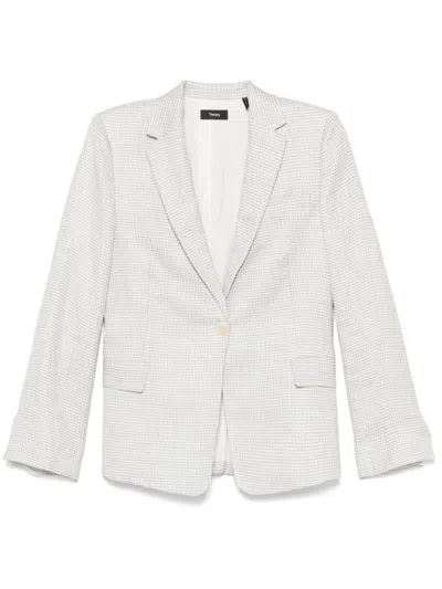 Theory Linen Blend Houndstooth Blazer With Side Flap Pockets In White