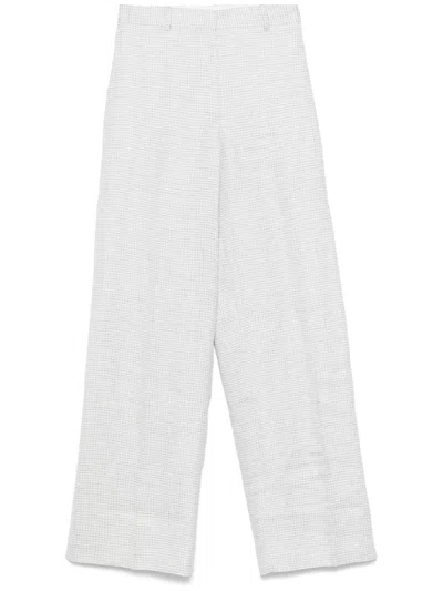 Theory Linen Blend Houndstooth Trousers With Pressed Pleat And Concealed Front Fastening In Gray