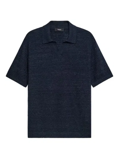 Theory Linen-blend Polo Shirt In Blue