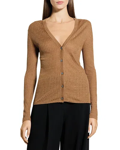 Theory Linen Blend Ribbed Cardigan In Brown