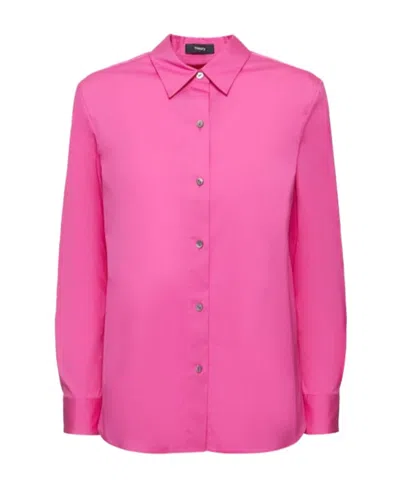 Theory Straight Stretch Cotton Shirt In Fuchsia