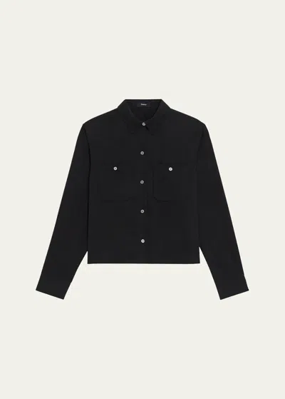 Theory Long-sleeve Boxy Pocketed Shirt In Black