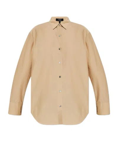 Theory Long-sleeve Button-up Shirt In Nude