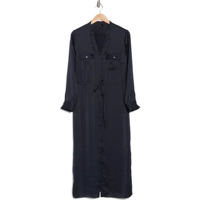 Theory Long Sleeve Crushed Satin Utility Shirtdress In Deep Navy