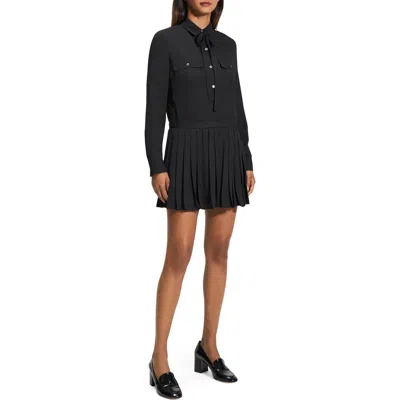Theory Long Sleeve Pleated Mini Shirtdress In Black
