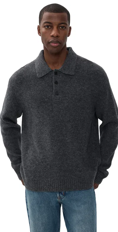 Theory Long Sleeve Polo In Astor Wool Charcoal In Gray