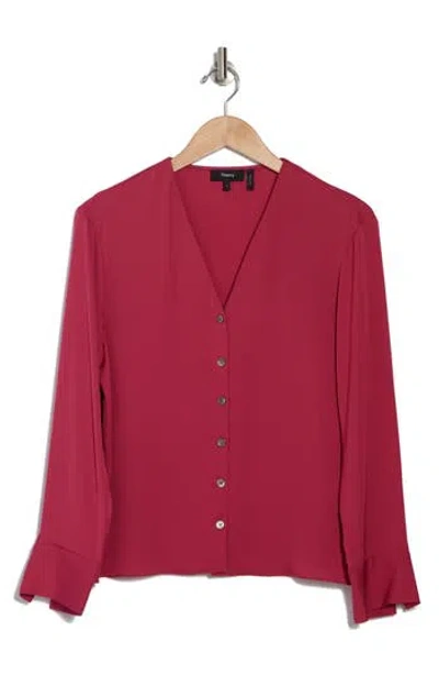 Theory Long Sleeve Silk Button-up Shirt In Deep Rose