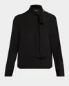 Theory Long-sleeve Silk Tie-neck Blouse In Black