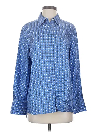 Pre-owned Theory Long Sleeve Silk Top Blue Houndstooth Pattern Square Neckline Tops