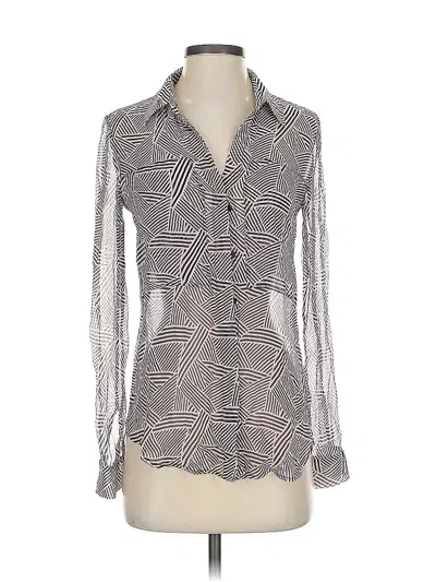 Pre-owned Theory Long Sleeve Silk Top Gray Houndstooth Pattern Square Neckline Tops