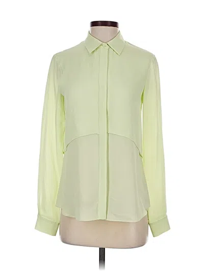 Pre-owned Theory Long Sleeve Silk Top Green Color Block Pattern Tie Neck Tops