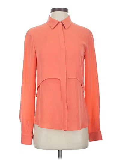 Pre-owned Theory Long Sleeve Silk Top Orange Color Block Pattern Tie Neck Tops