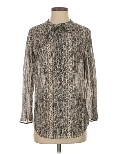 Pre-owned Theory Long Sleeve Silk Top Silver Animal Print Pattern Mock Neckline Tops