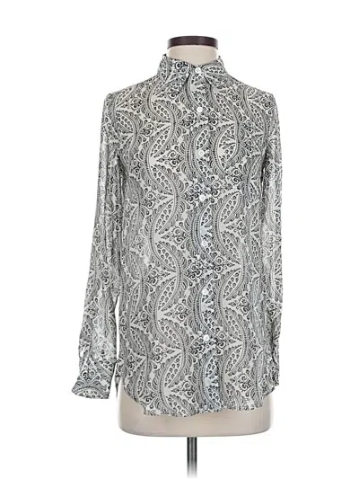 Pre-owned Theory Long Sleeve Silk Top Silver Paisley Pattern High Neck Tops