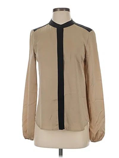 Pre-owned Theory Long Sleeve Silk Top Tan Color Block Pattern Mock Neckline Tops