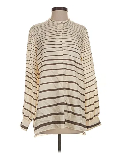 Theory Long Sleeve Silk Top Tan Stripes Pattern Turtleneck Tops