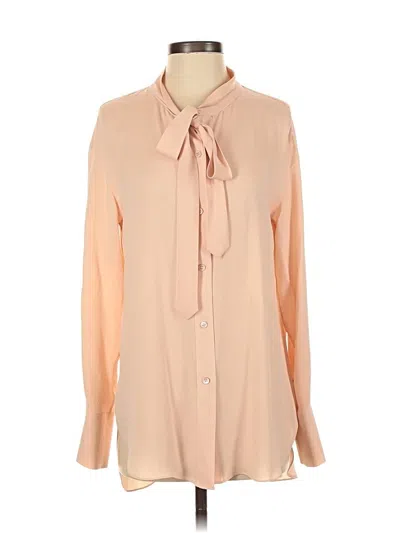 Pre-owned Theory Long Sleeve Silk Top Tan Tie Neck Tops In Brown