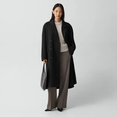 Theory Long Trench Coat In Textured Wool-cashmere In Black