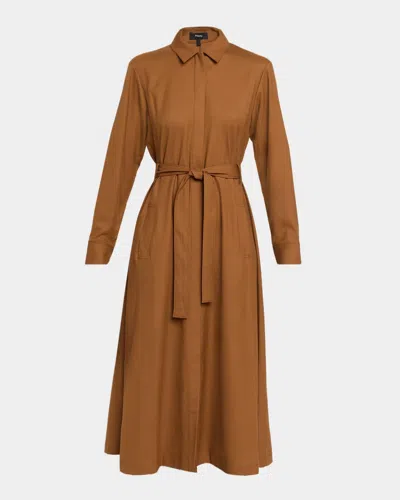 Theory Long-sleeve Belted Midi Shirtdress In Brown