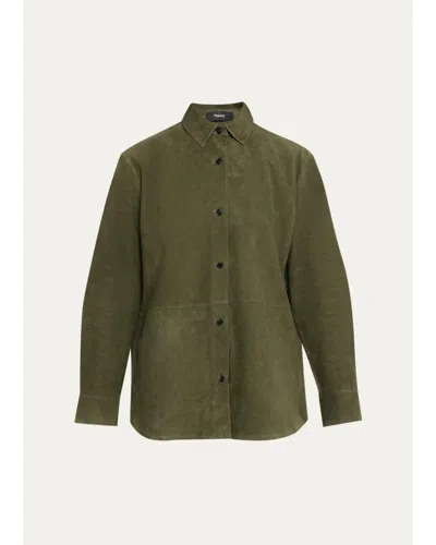 Theory Long-sleeve Suede Menswear Shirt In Green