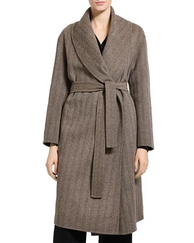 Theory Luxe Shawl Collar Wool & Cashmere Herringbone Coat In Brown