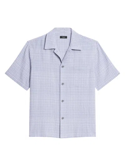 Theory Men's Checked Textured Cotton-blend Camp Shirt In Purple