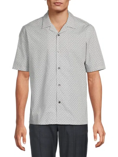Theory Men's Grid Leaf Print Cotton Button-down Shirt In Gray