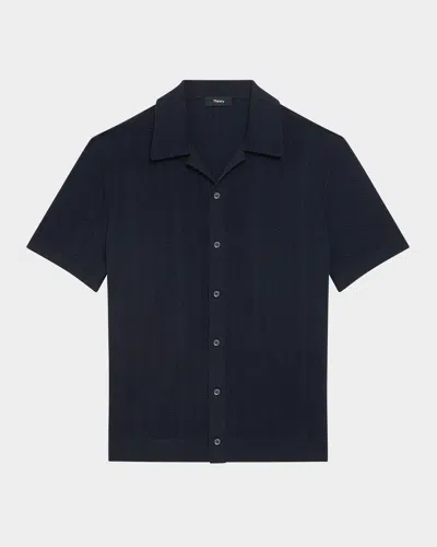 Theory Men's Herringbone Knit Camp Shirt In Blue