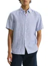 Theory Irving Linen Stripe Standard Fit Button Down Shirt In White/ocean