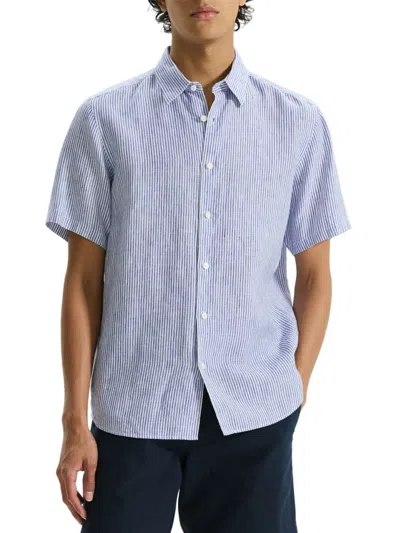 Theory Irving Linen Stripe Standard Fit Button Down Shirt In White Ocean