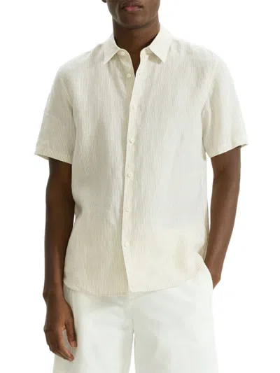 Theory Irving Linen Stripe Standard Fit Button Down Shirt In White/sand