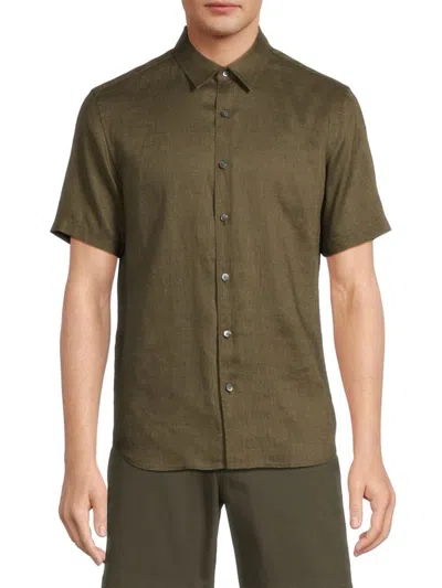 Theory Men's Irving Linen Short-sleeve Shirt In Dark Olive