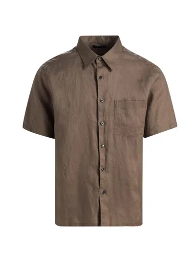 Theory Men's Irving Relaxed-fit Linen Pocket Shirt In Brown