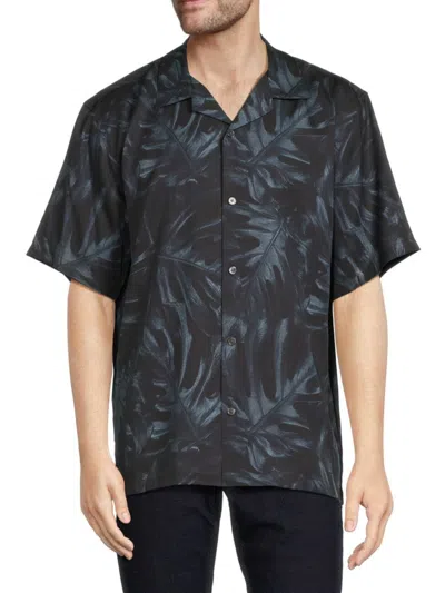 Theory Men's Noll Leaf Print Camp Collar Shirt In Navy