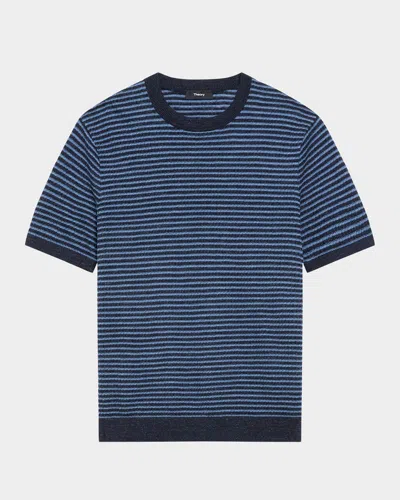 Theory Men's Stripe Knit Short-sleeve Crewneck Sweater In Blue