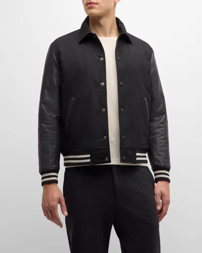 Theory Striped Wool-blend And Leather Varsity Jacket In Black