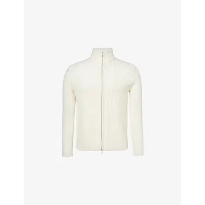 Theory Mens Tomas Front-zip Ribbed Merino Wool Knitted Knitwear White Ivory