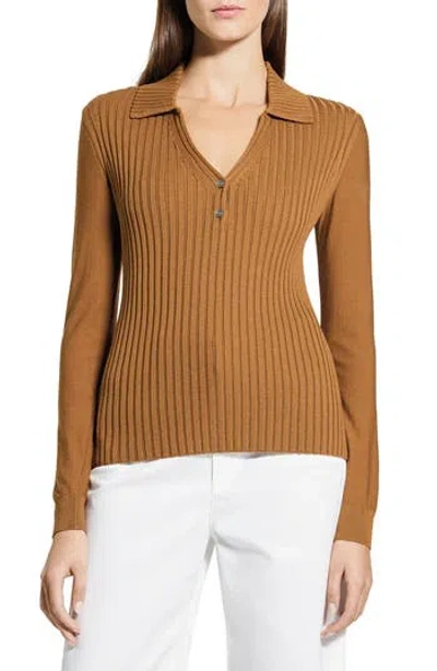 Theory Merino Wool Knit Shirt In Dark Cognac
