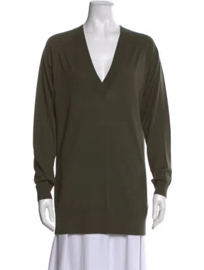 Pre-owned Theory Merino Wool Plunge Neckline Sweater In Green