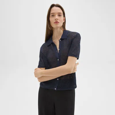 Theory Mesh Short-sleeve Shirt In Linen-viscose In Nocturne Navy