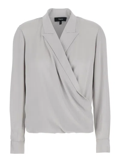 THEORY METALLIC BLOUSE WITH PEAK REVERS AND CROSSOVER NECK IN SILK WOMAN