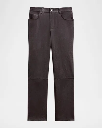 Theory Mid-rise Nappa Leather Pants In Brown