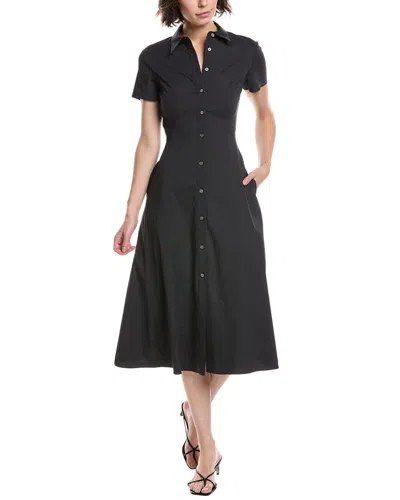Theory Good Linen Short-sleeve Button-front Midi Shirt Dress In Black