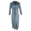 Theory Midi Twisted Detail Collared Long Sleeve Dress In Blue Satin In Blue