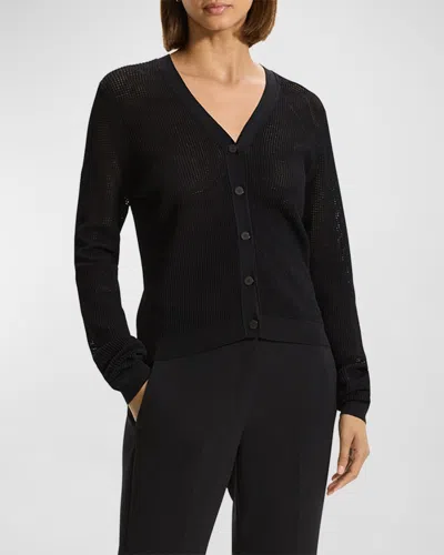 Theory Mini Pointelle Stitch Crepe Cardigan In Blk