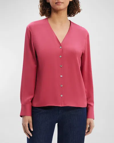 Theory Modern Silk Georgette Cardigan Blouse In Pink